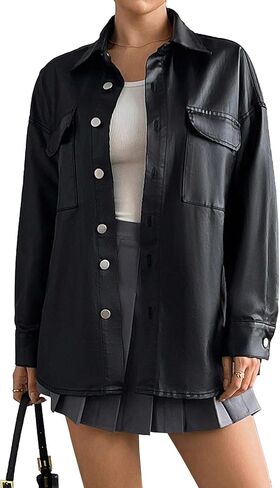 سترة نسائية من الجلد الصناعي، سترة عصرية مطلية بالدراجة النارية، معاطف فضفاضة من البولي يوريثان مع جيوب in Kuwait