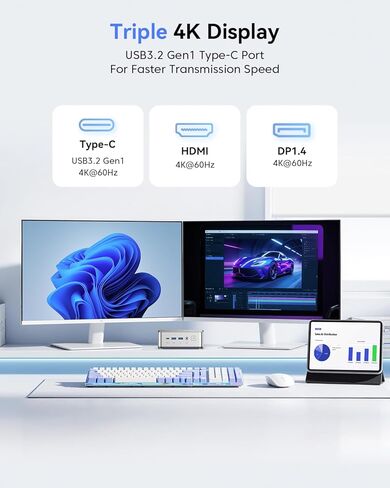 KAMRUI Mini PC، Intel 12th Alder Lake- N95 (حتى 3.4 جيجا هرتز) أجهزة كمبيوتر مكتبية صغيرة Windows 11 Pro، 8 جيجا DDR4 256 جيجا M.2 SSD، Micro PC يدعم 4K، Dual HDMI2.0/WiFi 5/BT4.2/Gigabit Ethernet in Kuwait