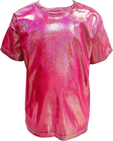 Kids Boys Girls Short Sleeve T-Shirt Sparkly Metallic Shiny Loose Tops for Performance Party Jazz Dance Costumes in Kuwait