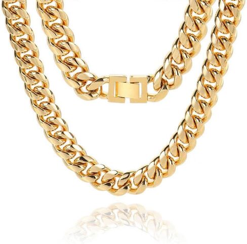 18K Cuban men's pure gold necklace, 14-16-18mm wide, designed specifically for men to dominate necklaces. The best choice to give to fathers, loved ones, and friends during holidays in Kuwait