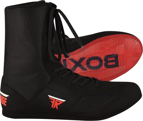 FISTRAGE Leather High and Top Kick Boxing Shoes Fighting Sports Training Mesh Unisex Pro Men's and Youth Light Weight | Black Color Boxing Shoes for Adults in Saudi Arabia
