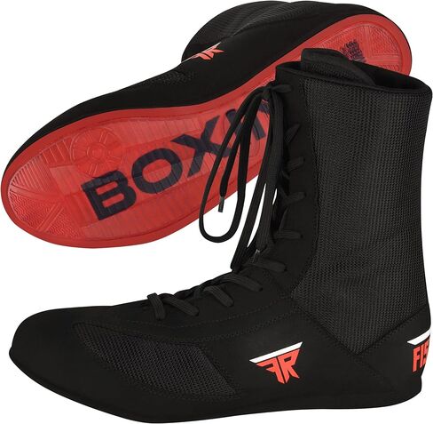 FISTRAGE Leather High and Top Kick Boxing Shoes Fighting Sports Training Mesh Unisex Pro Men's and Youth Light Weight | Black Color Boxing Shoes for Adults in Saudi Arabia