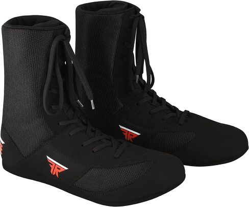 FISTRAGE Leather High and Top Kick Boxing Shoes Fighting Sports Training Mesh Unisex Pro Men's and Youth Light Weight | Black Color Boxing Shoes for Adults in Saudi Arabia