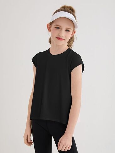 Haloumoning Girls Cap Sleeve Athletic Shirts Kids Summer Crewneck Oversized Workout Tops Gym Yoga Tees 5-14 Years in Saudi Arabia