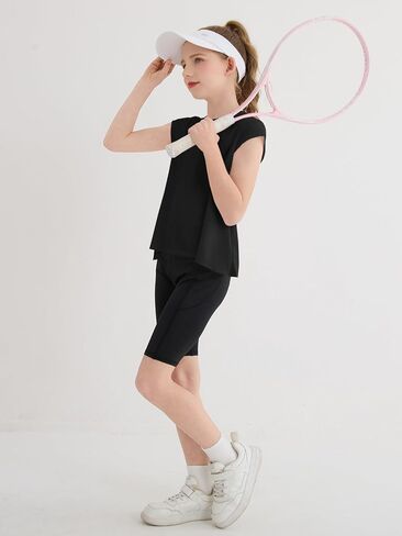 Haloumoning Girls Cap Sleeve Athletic Shirts Kids Summer Crewneck Oversized Workout Tops Gym Yoga Tees 5-14 Years in Saudi Arabia