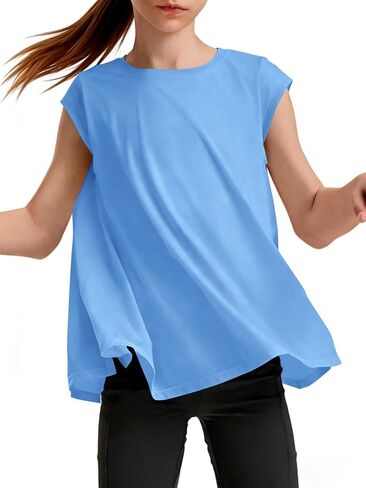 Haloumoning Girls Cap Sleeve Athletic Shirts Kids Summer Crewneck Oversized Workout Tops Gym Yoga Tees 5-14 Years in Saudi Arabia