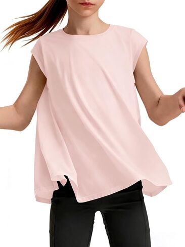 Haloumoning Girls Cap Sleeve Athletic Shirts Kids Summer Crewneck Oversized Workout Tops Gym Yoga Tees 5-14 Years in Saudi Arabia