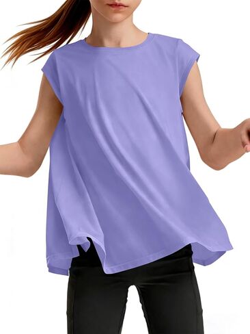 Haloumoning Girls Cap Sleeve Athletic Shirts Kids Summer Crewneck Oversized Workout Tops Gym Yoga Tees 5-14 Years in Saudi Arabia