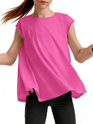 Haloumoning Girls Cap Sleeve Athletic Shirts Kids Summer Crewneck Oversized Workout Tops Gym Yoga Tees 5-14 Years in Saudi Arabia