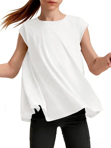 Haloumoning Girls Cap Sleeve Athletic Shirts Kids Summer Crewneck Oversized Workout Tops Gym Yoga Tees 5-14 Years in Saudi Arabia