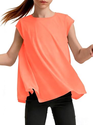 Haloumoning Girls Cap Sleeve Athletic Shirts Kids Summer Crewneck Oversized Workout Tops Gym Yoga Tees 5-14 Years in Saudi Arabia