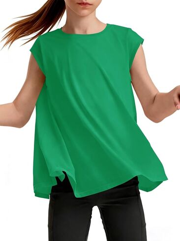 Haloumoning Girls Cap Sleeve Athletic Shirts Kids Summer Crewneck Oversized Workout Tops Gym Yoga Tees 5-14 Years in Saudi Arabia
