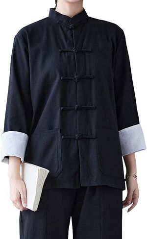 HHHH Women's Kung Fu Jacket Frog Button Mandarin Collar Loose Fit Blouse Chinese Tang Shirt Tai Chi Training Uniform (L, 60# Black) in Saudi Arabia