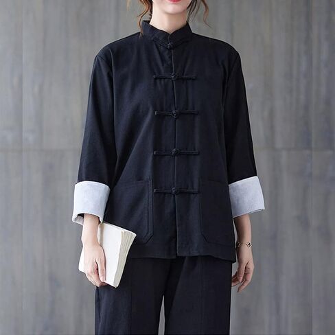 HHHH Women's Kung Fu Jacket Frog Button Mandarin Collar Loose Fit Blouse Chinese Tang Shirt Tai Chi Training Uniform (L, 60# Black) in Saudi Arabia