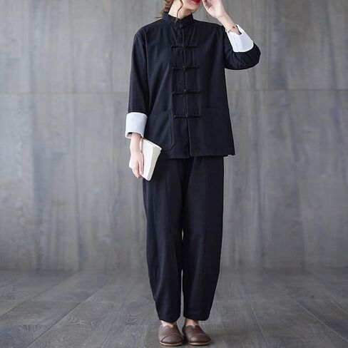 HHHH Women's Kung Fu Jacket Frog Button Mandarin Collar Loose Fit Blouse Chinese Tang Shirt Tai Chi Training Uniform (L, 60# Black) in Saudi Arabia