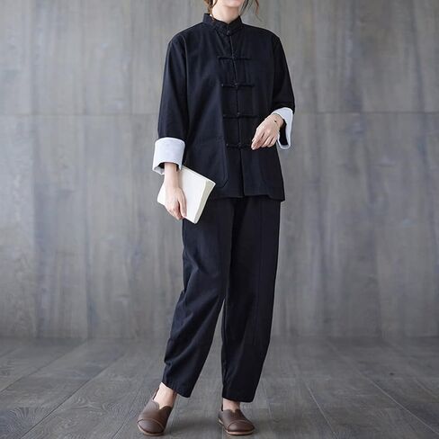 HHHH Women's Kung Fu Jacket Frog Button Mandarin Collar Loose Fit Blouse Chinese Tang Shirt Tai Chi Training Uniform (L, 60# Black) in Saudi Arabia