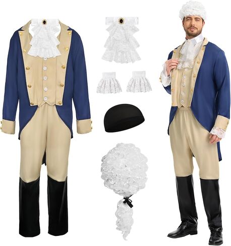Adult Colonial Costume,Founding Father Costume,Blue Tailcoat Military with Wig in Saudi Arabia