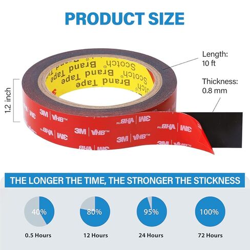 شريط مزدوج الجوانب عالي التحمل، شريط إسفنجي مقاوم للماء لاصق قوي بطول 10 أقدام × 1.2 بوصة، شرائط لاصقة مقاومة لدرجات الحرارة العالية للجدران، السيارات، في الهواء الطلق in Kuwait