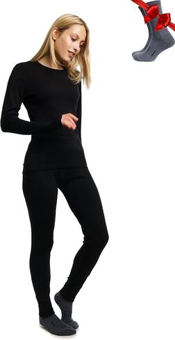 Merino Wool Base Layer Women - 100% Merino Wool Midweight Long Sleeve Thermal Shirt, Thermal Bottom and Socks (X-Large, 250 Black) in Saudi Arabia