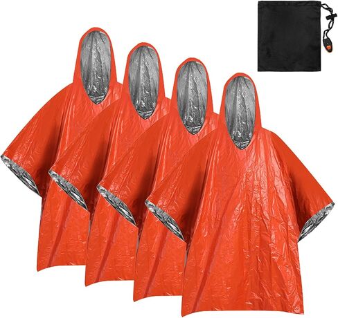 SUNGOOYUE Rain Poncho, 4pcs Reflective Windproof Rainproof Insulated Emergency Raincoat with Whistle Storage Bag for Hiking Camping (4PCS Orange) in Saudi Arabia