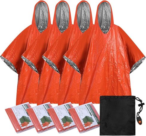 SUNGOOYUE Rain Poncho, 4pcs Reflective Windproof Rainproof Insulated Emergency Raincoat with Whistle Storage Bag for Hiking Camping (4PCS Orange) in Saudi Arabia