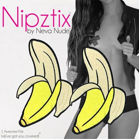 Neva Nude Banana Glitter Large Nipztix Pasties Nipple Covers for Festivals, Raves, Parties, Lingerie and More, Medical Grade Adhesive, Waterproof and Sweatproof, Made in USA in Saudi Arabia