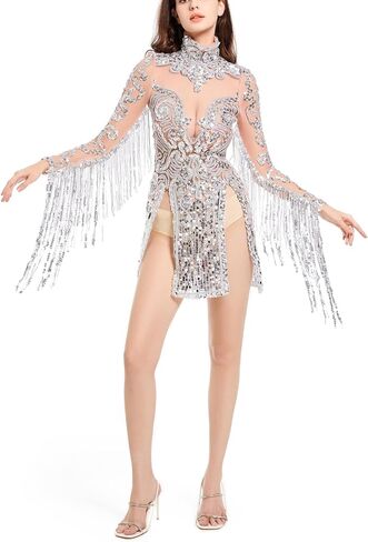 Sparkly Sheer See Thru Silver Fringe Sequined Dress for Women Birthday Evening Celebrate Long Sleeves Dance Bar Singer Drag Queen Outfit Size S M in Saudi Arabia