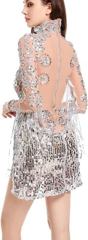 Sparkly Sheer See Thru Silver Fringe Sequined Dress for Women Birthday Evening Celebrate Long Sleeves Dance Bar Singer Drag Queen Outfit Size S M in Saudi Arabia