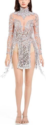 Sparkly Sheer See Thru Silver Fringe Sequined Dress for Women Birthday Evening Celebrate Long Sleeves Dance Bar Singer Drag Queen Outfit Size S M in Saudi Arabia