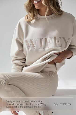 ست قصص | سويت شيرت كبير الحجم من Wifey للعروس المتزوجة حديثًا | سترة بفتحة رقبة مستديرة بلون الشامبانيا مطرزة ناعمة ومريحة in Kuwait