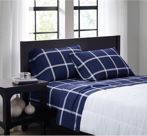 TRULY SOFT Printed Windowpane White and Navy Polyester 3-Piece Twin XL Sheet Set, Geometric Themed, for Men and Women, Oeko-TEX Certified Confidence in Saudi Arabia
