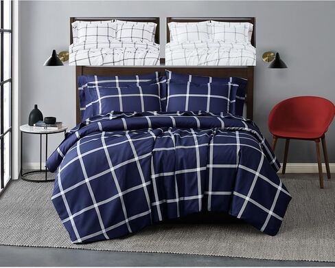 TRULY SOFT Printed Windowpane White and Navy Polyester 3-Piece Twin XL Sheet Set, Geometric Themed, for Men and Women, Oeko-TEX Certified Confidence in Saudi Arabia