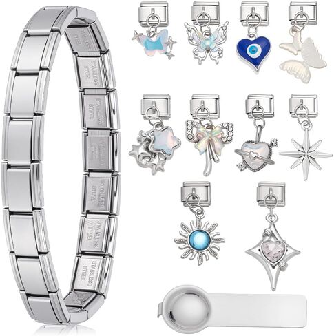 WEBEEDY Italian Charm Bracelet Set with 1Pcs Silver Starter Bracelets 10Pcs Enamel Pendant Charms and Opening Tool for Women Men, Adjustable DIY Modular Italian Charm Bracelet Handmade Jewelry Gifts in Saudi Arabia