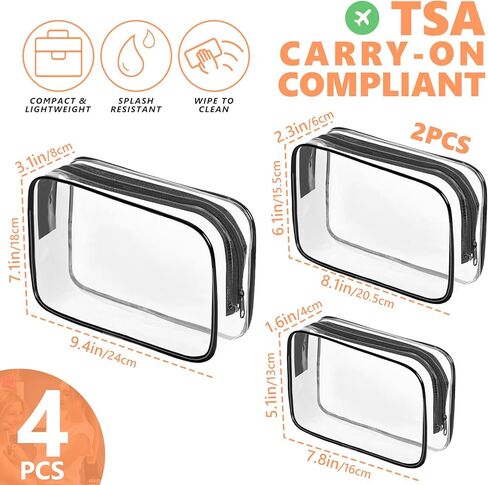 AURUZA Clear Makeup Bag,Portable Travel Toiletry Bags with Zipper, TSA Approved Clear Organizer Bags, PVC Cosmetic Pouch for Airport Airline Compliant in Kuwait