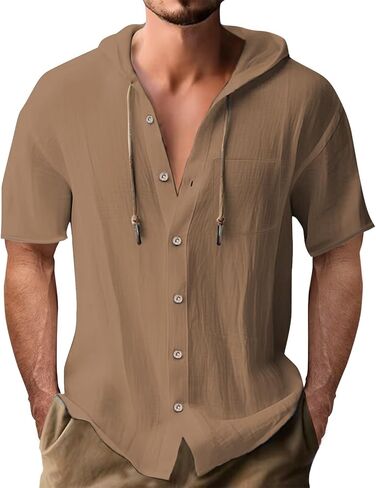 Mens Cotton Linen Shirts Button Down Short Sleeve Hoodies Casual Vacation Hawaiian Summer Beach Top Clothes in Saudi Arabia