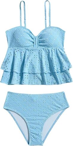 Verdusa Girl's 2 Piece Eyelet Tankini Set Ruffle Tiered Layered Camisole Tops with Panty Swimsuits in Saudi Arabia