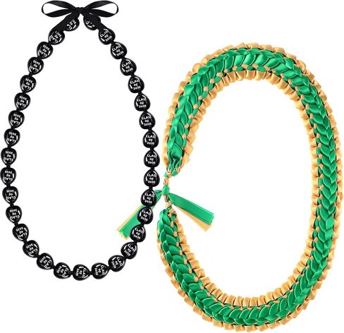 Junkin 2 قطعة التخرج Leis فئة 2024 Kukui Nut Leis الخرز القلائد اليدوية الشريط Leis مضفر قلادة مكتنزة الاكريليك قلادة هاواي هدية التخرج in Saudi Arabia