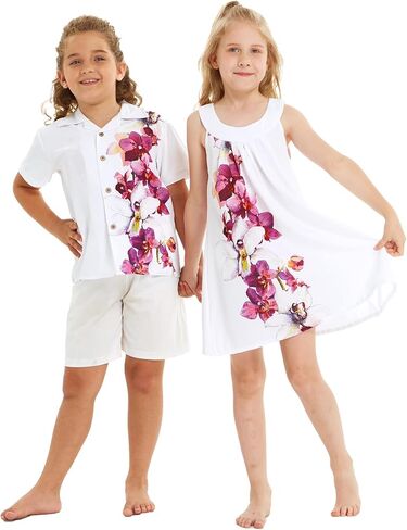 Matching Hawaiian Luau Sibling Boy Girl Round Neck Shift Dress Aloha Shirt in Watercolor Orchid in Saudi Arabia