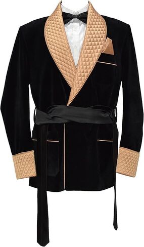 Men’s Velvet Smoking Jacket – Black & Gold Quilted Shawl Lapel Tuxedo Blazer with Satin Belt – Luxury Dinner Party, Wedding in Saudi Arabia