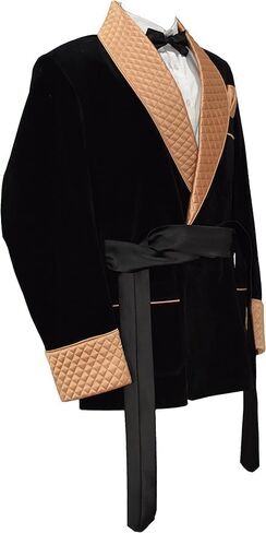 Men’s Velvet Smoking Jacket – Black & Gold Quilted Shawl Lapel Tuxedo Blazer with Satin Belt – Luxury Dinner Party, Wedding in Saudi Arabia