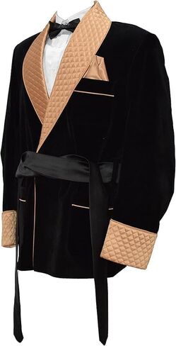 Men’s Velvet Smoking Jacket – Black & Gold Quilted Shawl Lapel Tuxedo Blazer with Satin Belt – Luxury Dinner Party, Wedding in Saudi Arabia