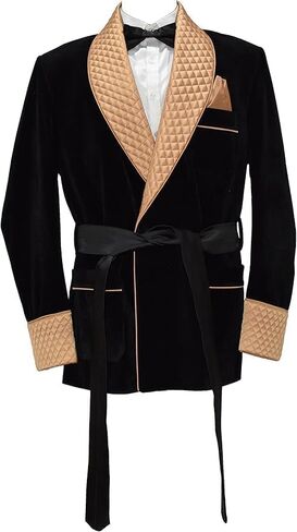 Men’s Velvet Smoking Jacket – Black & Gold Quilted Shawl Lapel Tuxedo Blazer with Satin Belt – Luxury Dinner Party, Wedding in Saudi Arabia