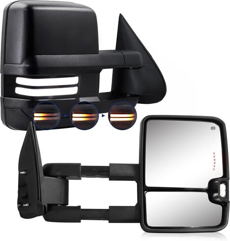 مرآة سحب قابلة للتحويل متوافقة مع 2003-2007 Chevy Silverado GMC Sierra Tow Mirrors مع ضوء تشغيل زجاجي ساخن قابل للتعديل ومصباح احتياطي لضوء إشارة الانعطاف أسود (ظهر كروم) in Kuwait
