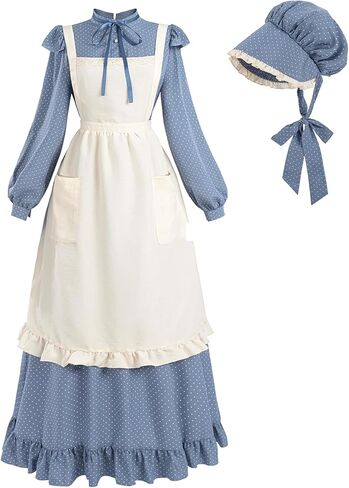 FCCAM Prairie Dress Women Blue Colonial Dresses Long Sleeve Pioneer Costume with Amish Bonnet in Saudi Arabia
