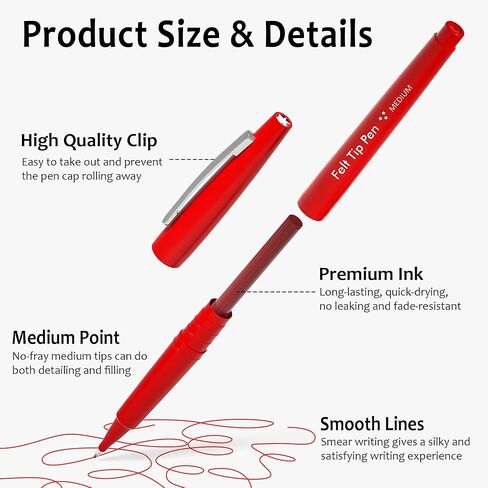 Lelix Felt Tip Pens, 15 Red Pack, 0.7mm Medium Point, Felt Tip Markers Pens for Journaling, Writing, Note Taking, Planner, Perfect for School Office and Art Supplies in Kuwait