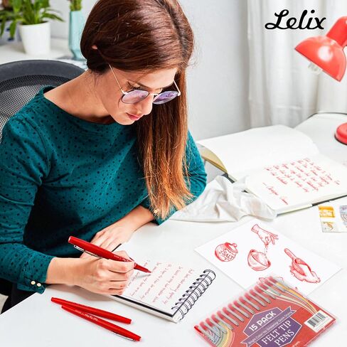 Lelix Felt Tip Pens, 15 Red Pack, 0.7mm Medium Point, Felt Tip Markers Pens for Journaling, Writing, Note Taking, Planner, Perfect for School Office and Art Supplies in Kuwait