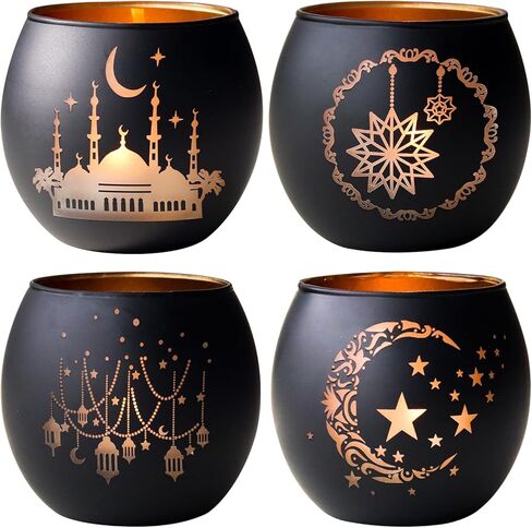 ديكور طاولة رمضان 4 قطع، حوامل شموع زجاجية أنيقة باللونين الأسود والذهبي، حاملات شموع نذرية زينة رمضان للمنزل، ديكورات عيد مبارك، هدايا إسلامية للمنزل in Kuwait