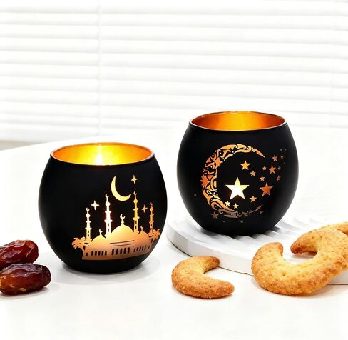 ديكور طاولة رمضان 4 قطع، حوامل شموع زجاجية أنيقة باللونين الأسود والذهبي، حاملات شموع نذرية زينة رمضان للمنزل، ديكورات عيد مبارك، هدايا إسلامية للمنزل in Kuwait