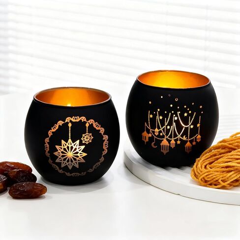 ديكور طاولة رمضان 4 قطع، حوامل شموع زجاجية أنيقة باللونين الأسود والذهبي، حاملات شموع نذرية زينة رمضان للمنزل، ديكورات عيد مبارك، هدايا إسلامية للمنزل in Kuwait
