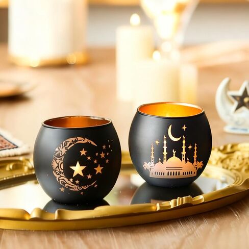ديكور طاولة رمضان 4 قطع، حوامل شموع زجاجية أنيقة باللونين الأسود والذهبي، حاملات شموع نذرية زينة رمضان للمنزل، ديكورات عيد مبارك، هدايا إسلامية للمنزل in Kuwait